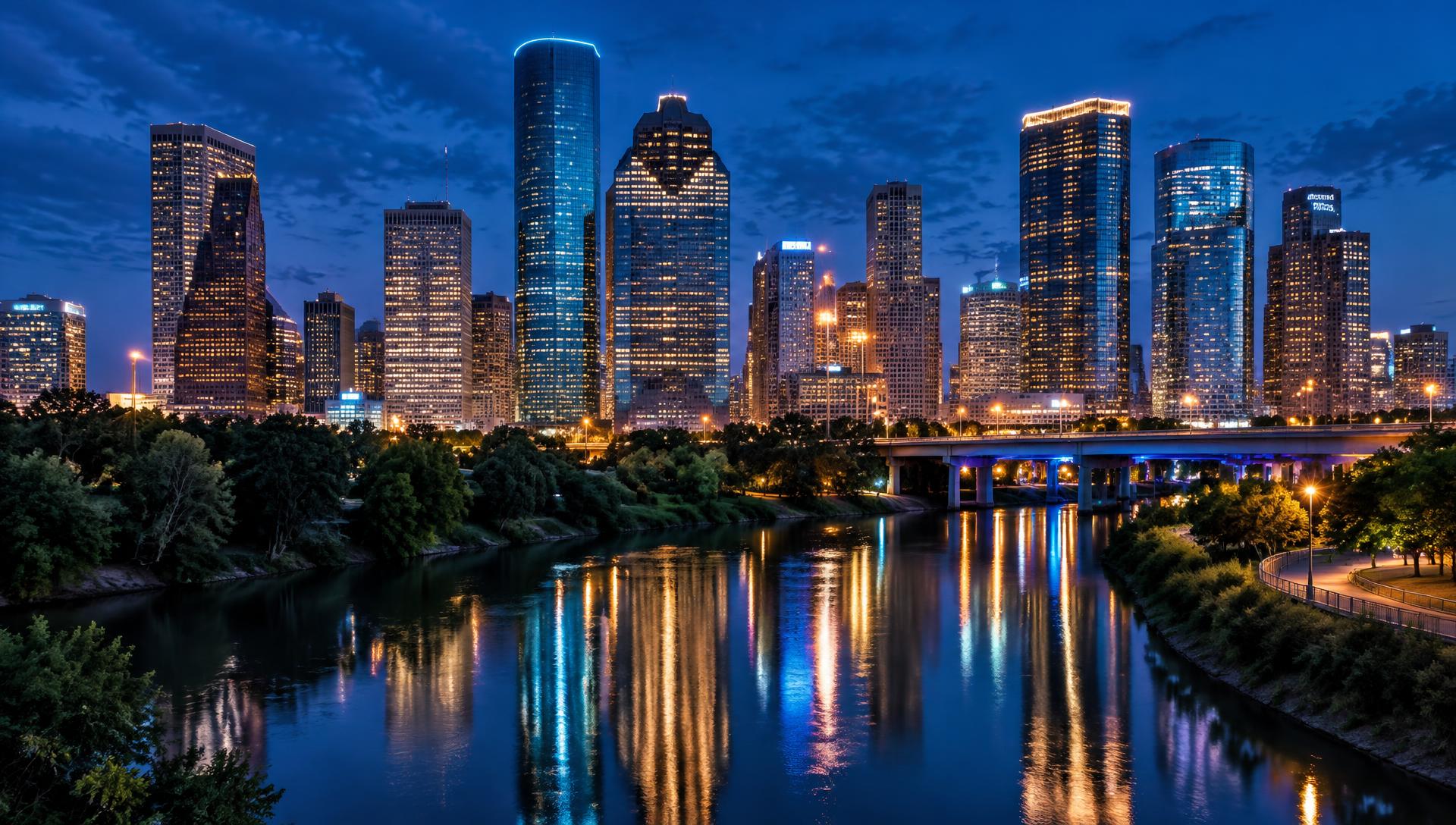 Downtown Houston skyline at night reflected in Buffalo Bayou